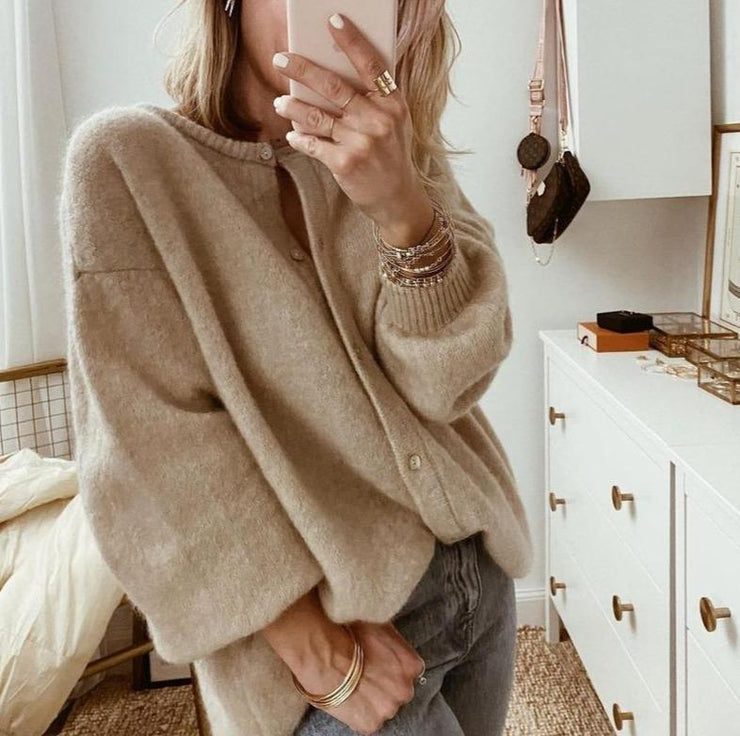 Women's Oversized Button-Up Knit Cardigan with Drop Shoulders