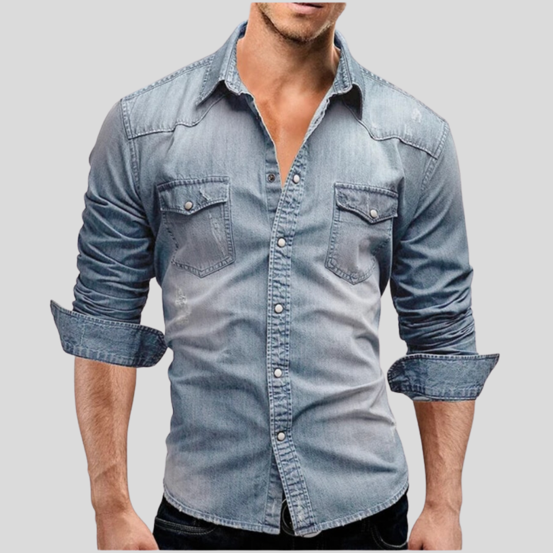 Men's Long-Sleeve Button-Up Shirt with Front Pockets and Rolled Cuffs