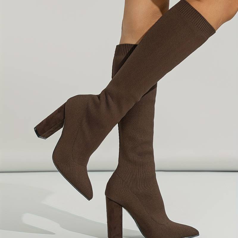Women's Knee High Sock Boots with Pointed Toe and Block Heel