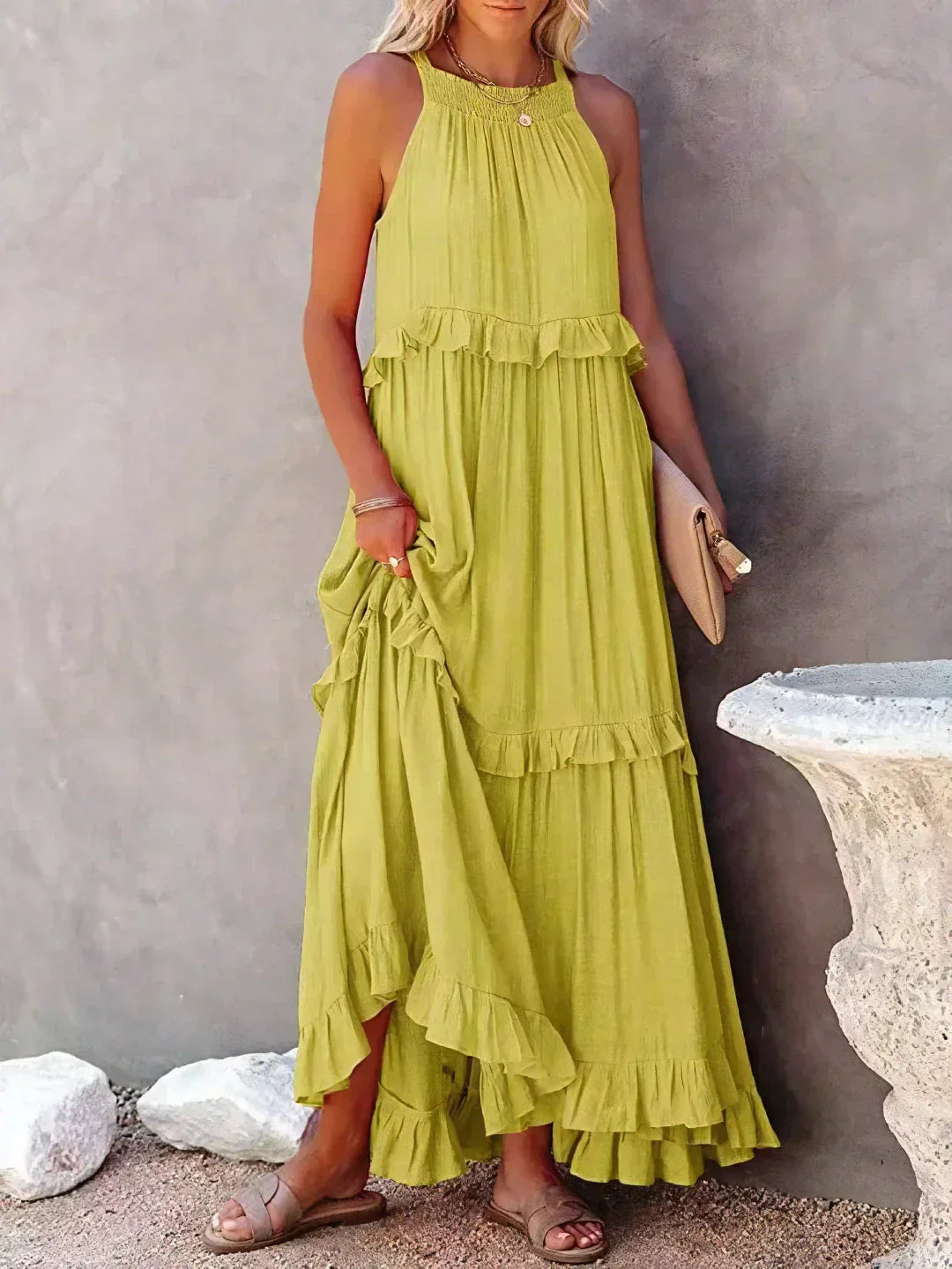 Women's Halterneck Maxi Dress with Ruffle Layers and Side Pockets