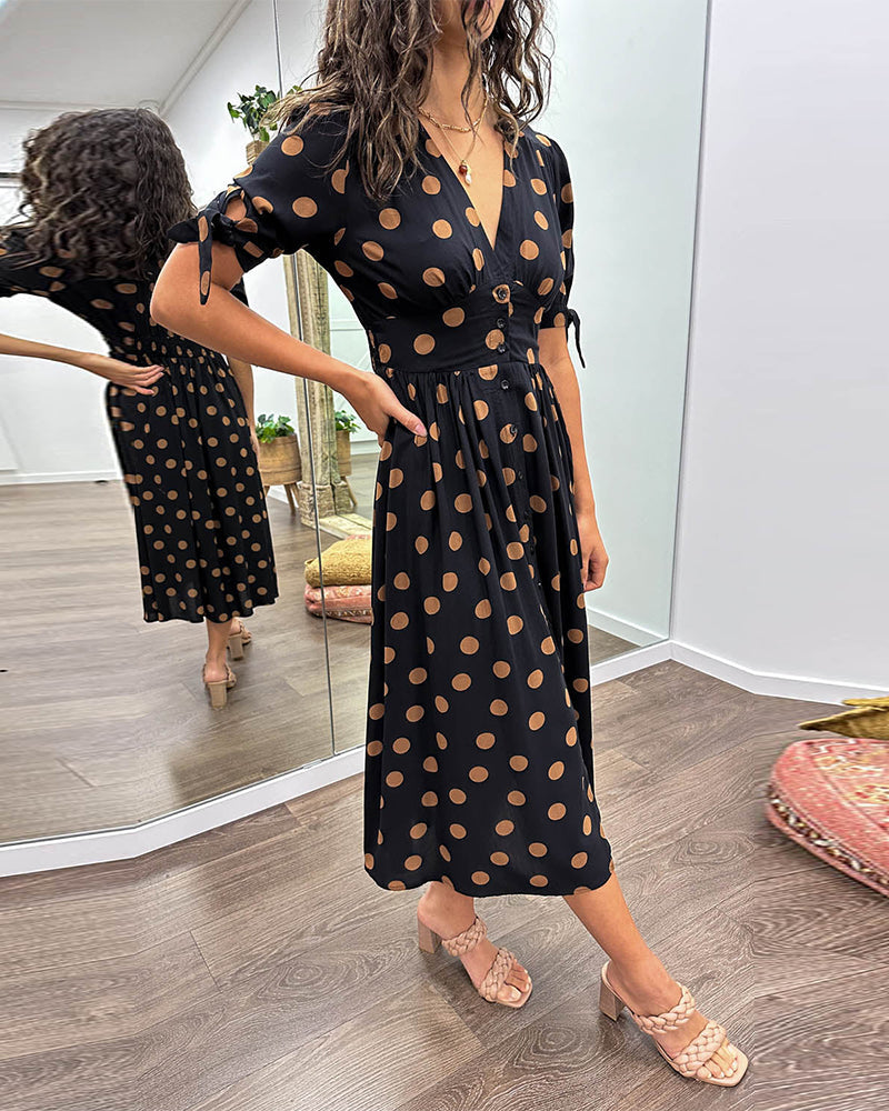 Women's Black Polka-Dot Dress with Tie Sleeves and Button Detail