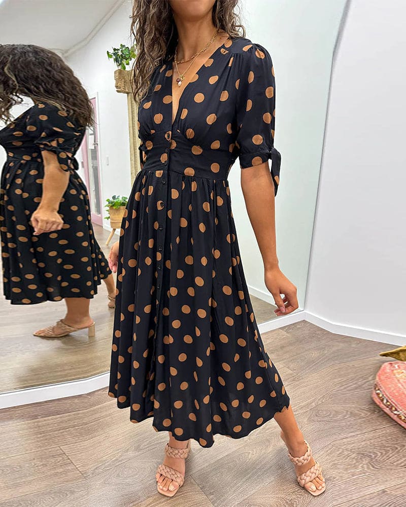 Women's Black Polka-Dot Dress with Tie Sleeves and Button Detail