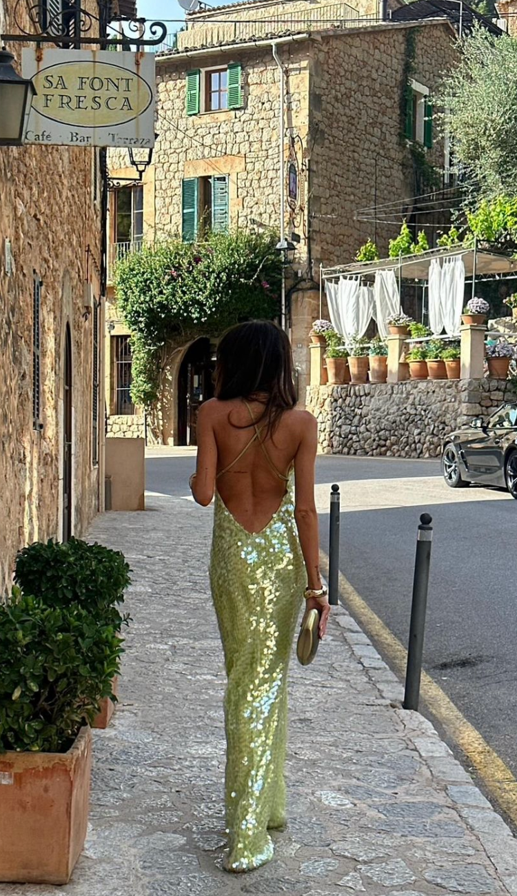 Women's Sequin Maxi Dress with Spaghetti Straps and Scoop Neckline
