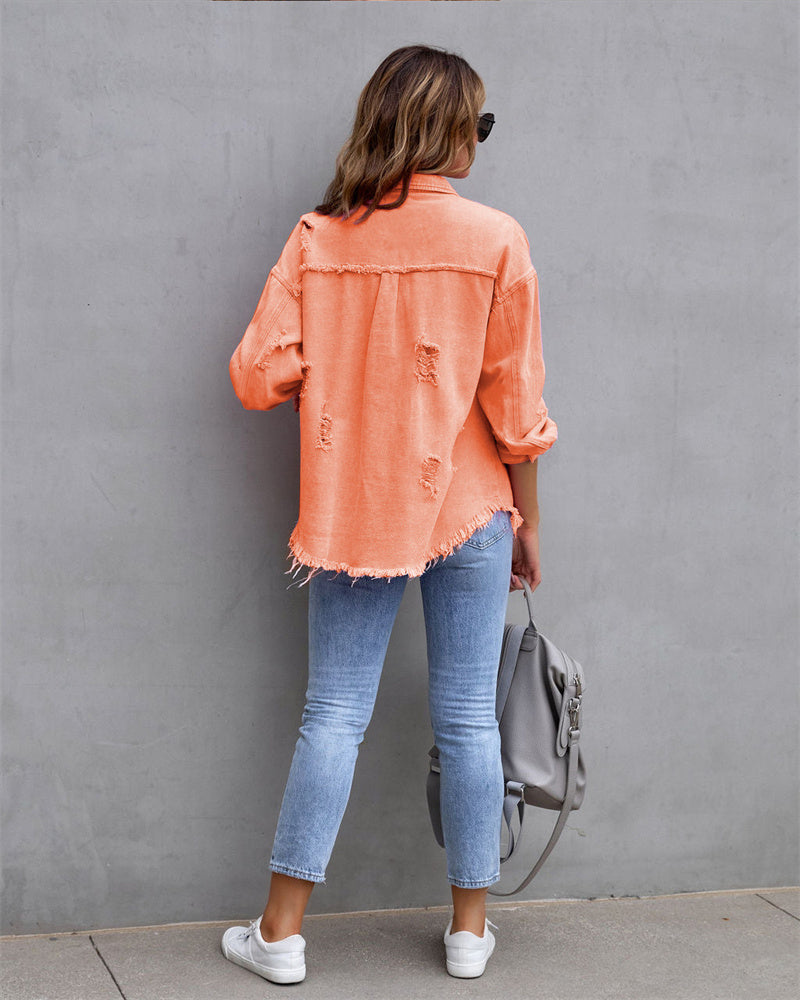 Women's Distressed Button-Up Denim Jacket with Raw Hem Edges