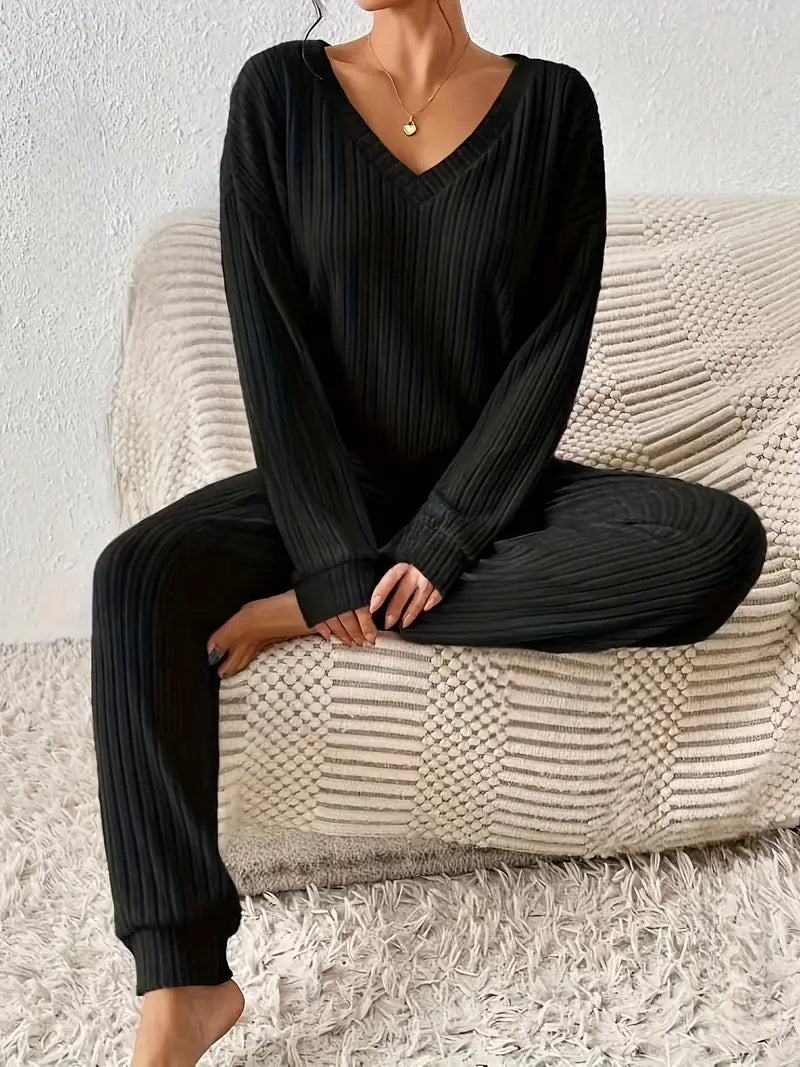 Women's 2-Piece Loungewear Set with Ribbed Long Sleeve Top and Pants
