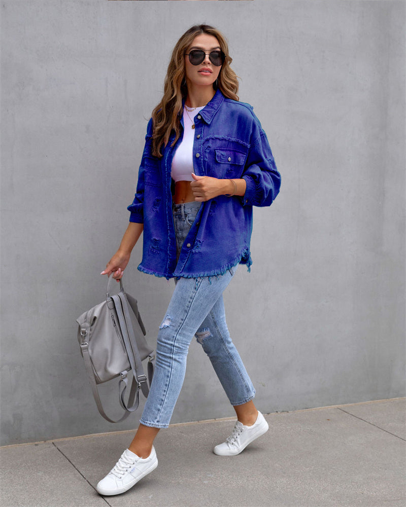 Women's Distressed Button-Up Denim Jacket with Raw Hem Edges