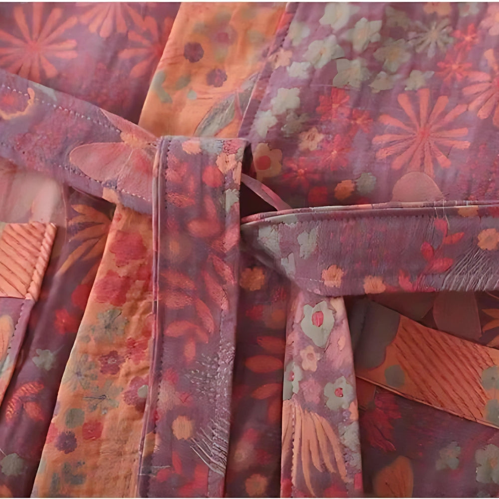 Women's Floral Kimono Style Bath Robe with Belt and Pockets