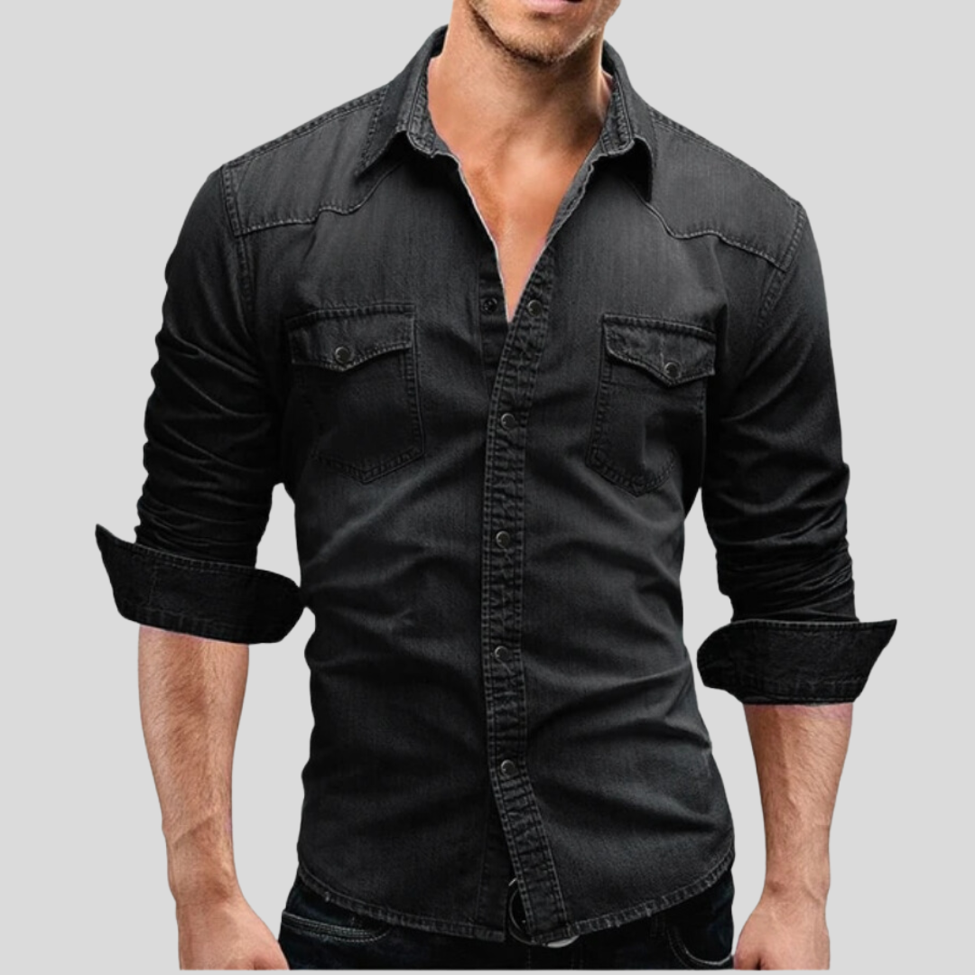 Men's Long-Sleeve Button-Up Shirt with Front Pockets and Rolled Cuffs