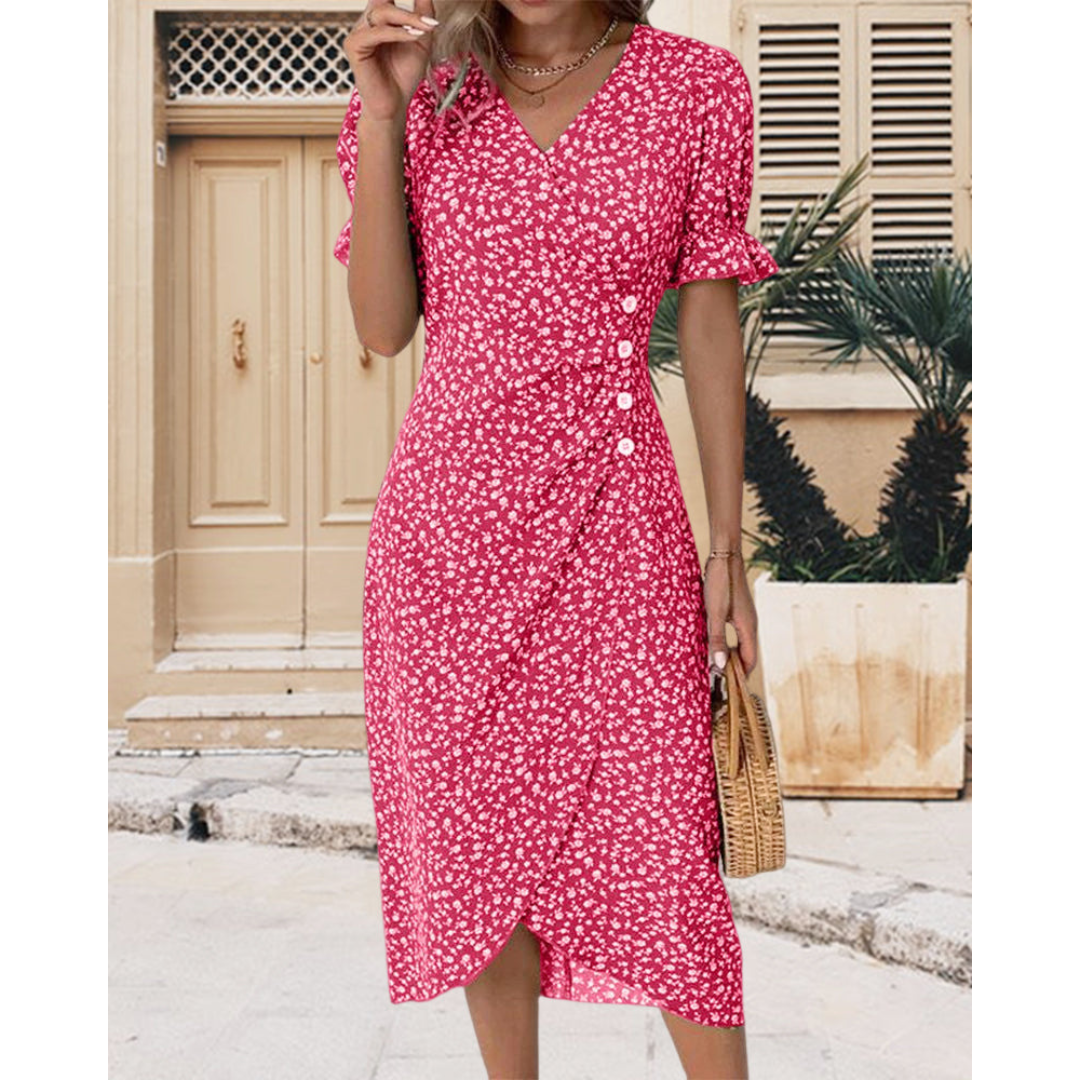 Summer Midi Dress for Women with Puff Sleeves and Buttons