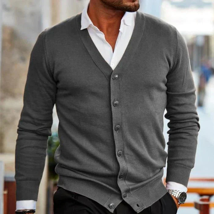 Men's Slim-Fit V-Neck Cardigan with Button Front and Pockets