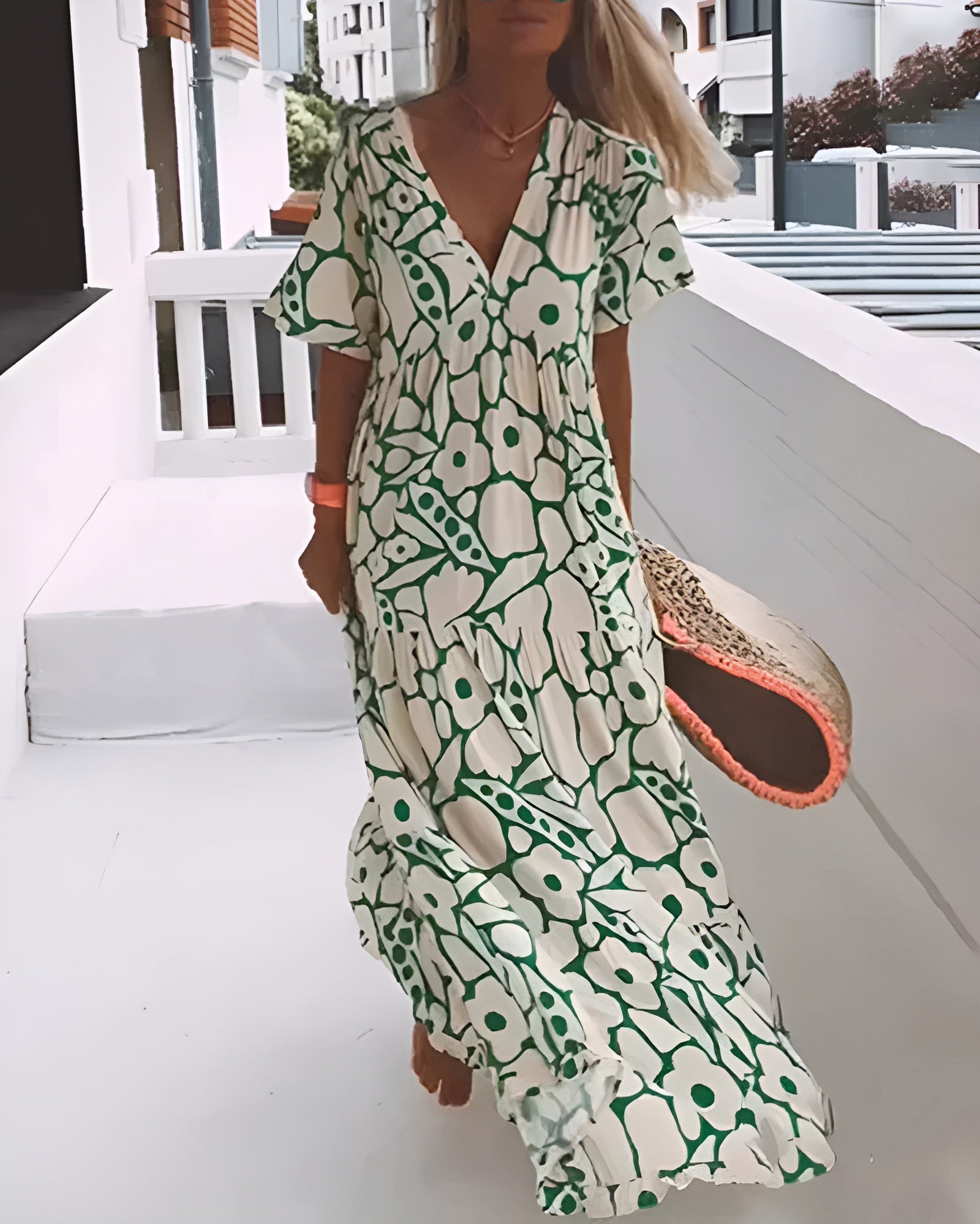 Women's V-Neck Maxi Dress with Short Sleeves and Floral Print