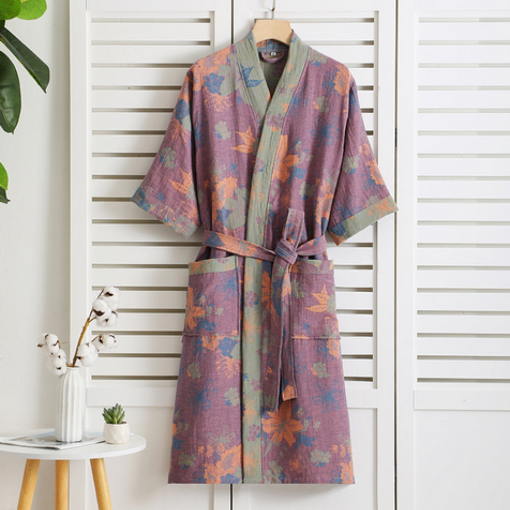 Women's Floral Kimono Style Bath Robe with Belt and Pockets