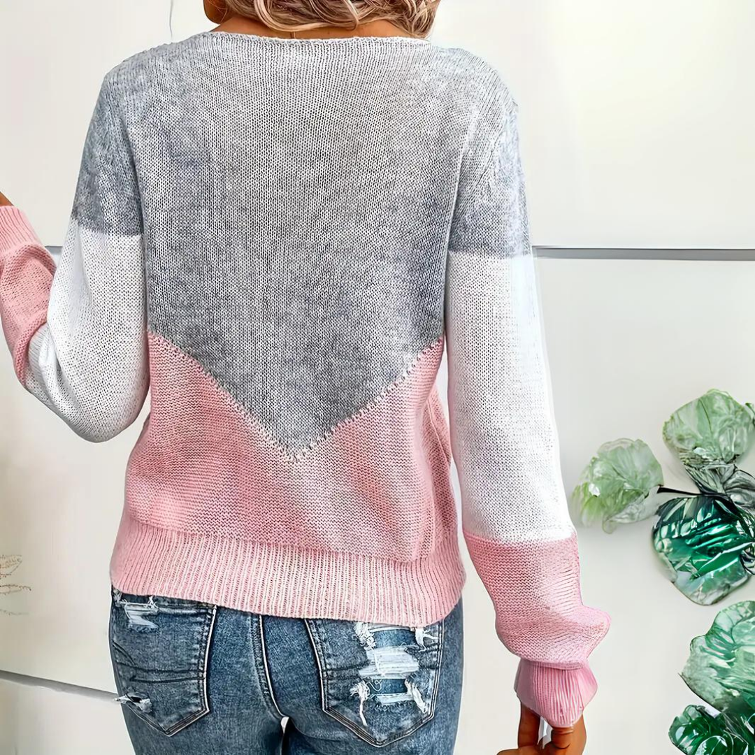 Women’s Color Block Pointelle Jumper with V-Shape Contrast Panels