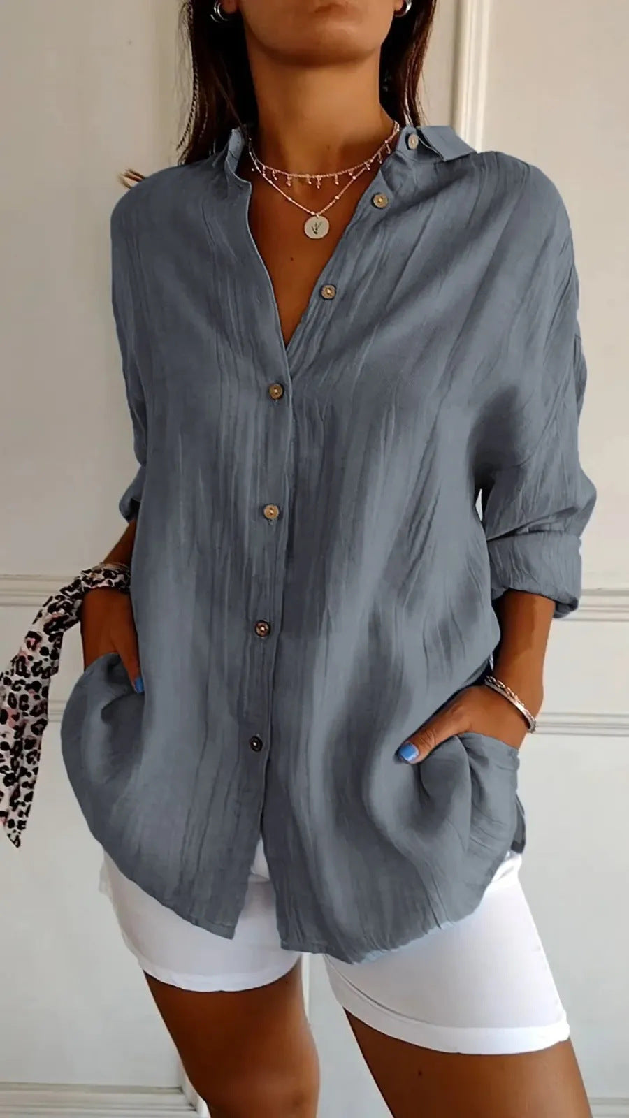 Women's Button-Down Shirt with Lapel and Long Sleeves