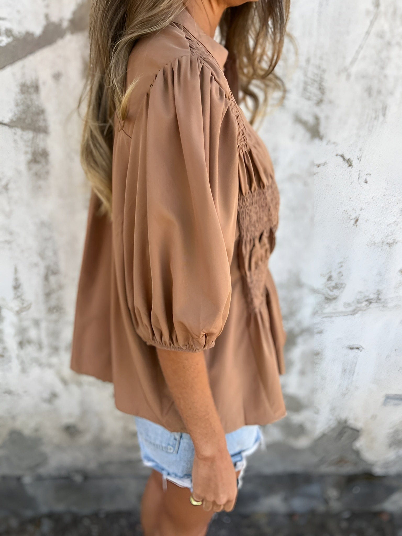 Women's Button-Up Blouse with Smocked Bodice and Puff Sleeves