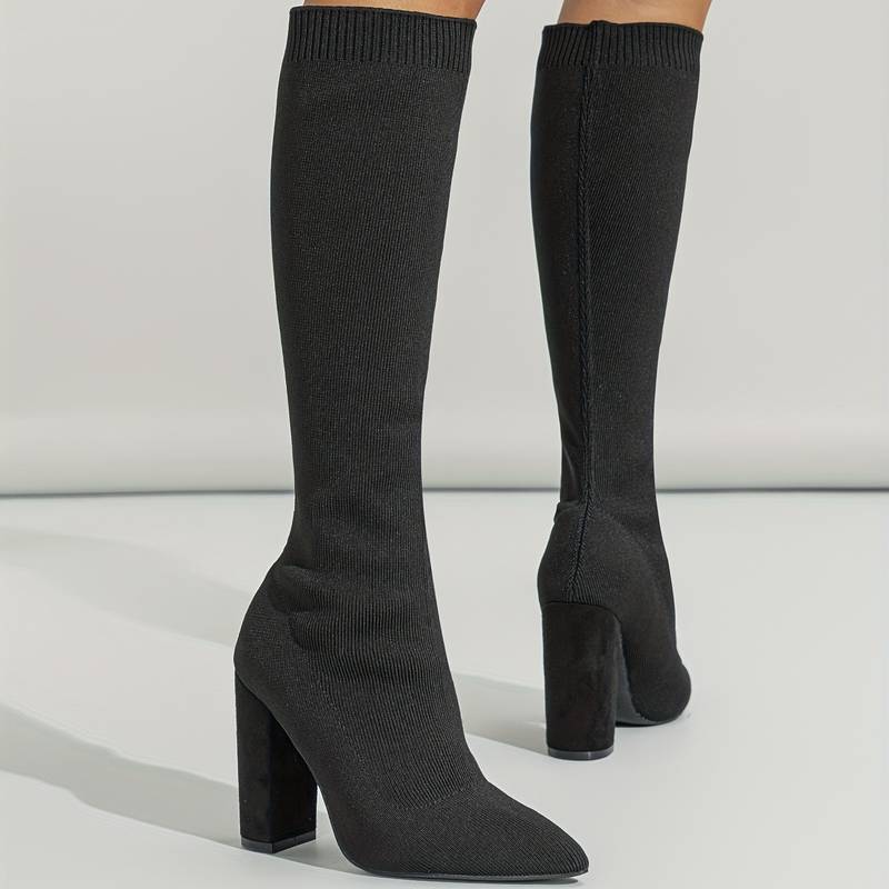 Women's Knee High Sock Boots with Pointed Toe and Block Heel