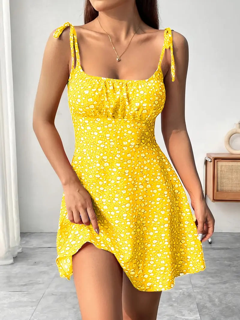 Women's Floral Mini Dress with Tie Straps and Flared Hem