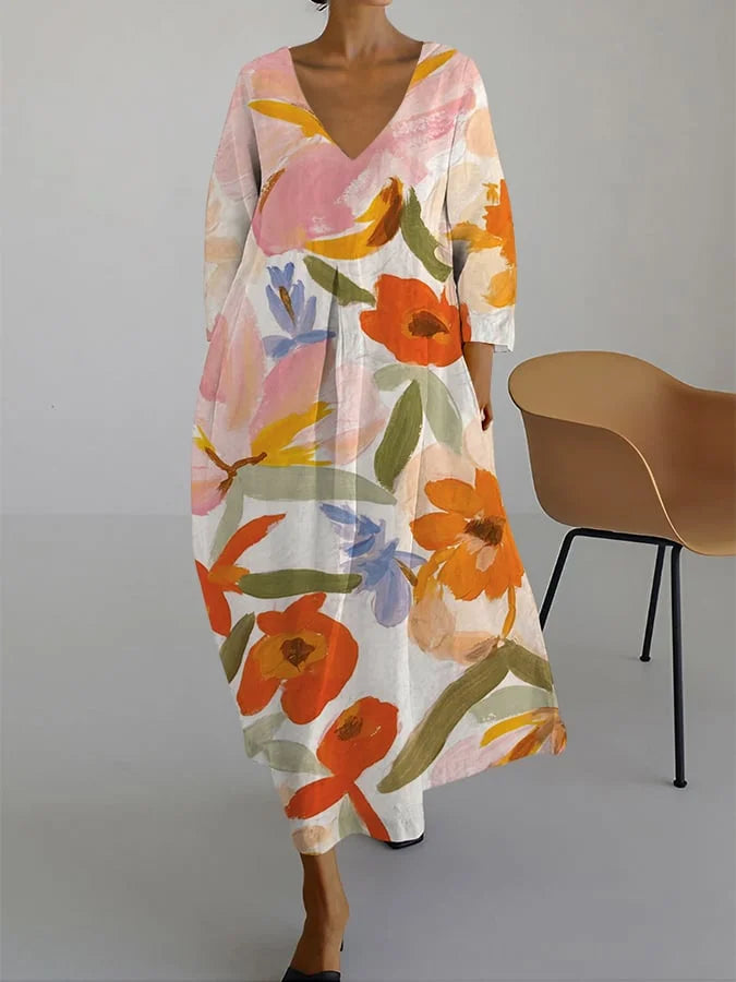 Women's V-Neck Floral Maxi Dress with Relaxed Fit and 3/4 Sleeves