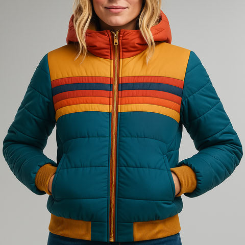 Women’s Waterproof Puffer Jacket – Colorblock Hooded Winter Coat