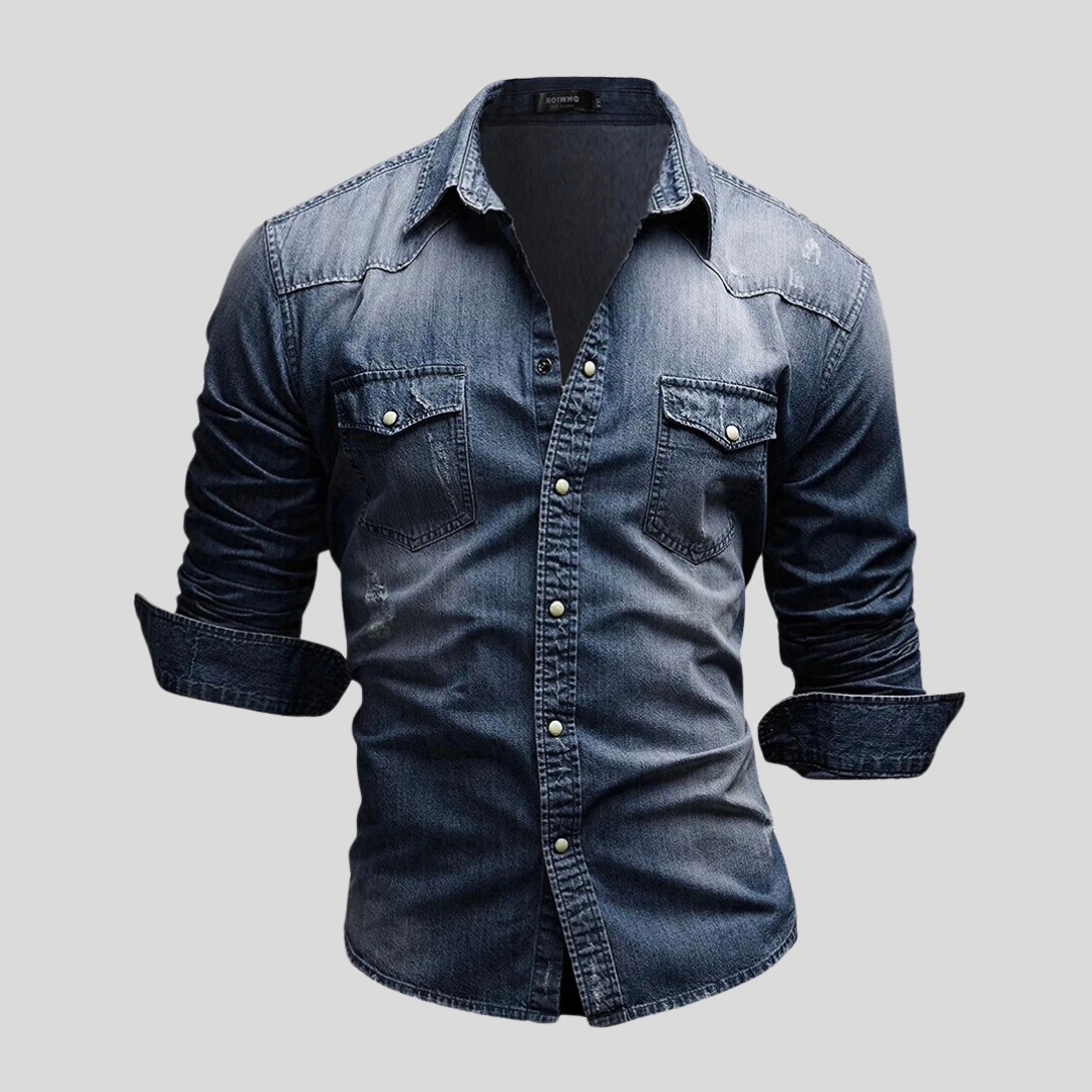 Men's Long-Sleeve Button-Up Shirt with Front Pockets and Rolled Cuffs