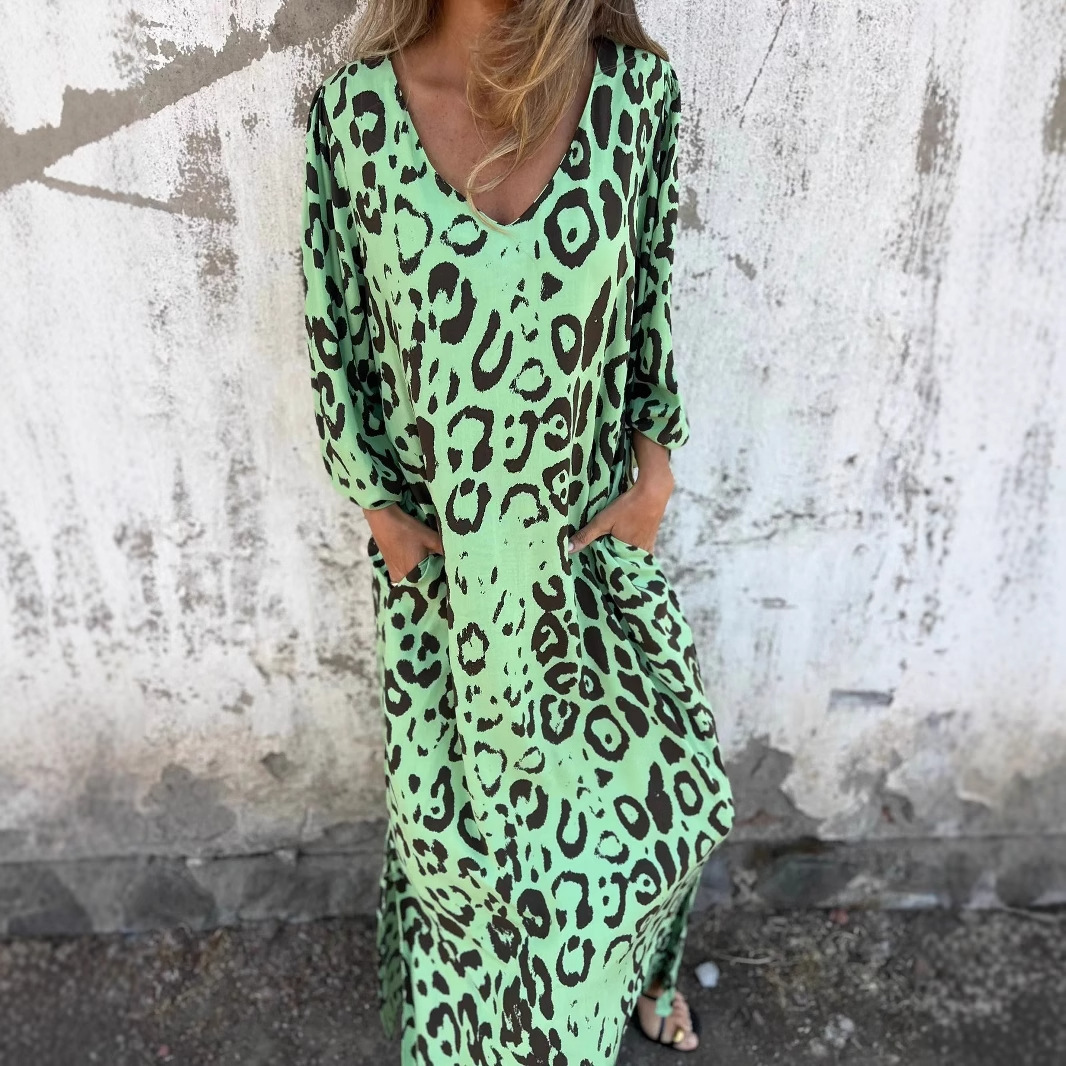 Women's V-Neck Maxi Dress with Animal Print and Long Sleeves