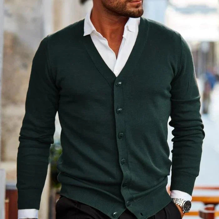 Men's Slim-Fit V-Neck Cardigan with Button Front and Pockets