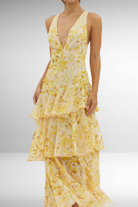 Women's Sleeveless Layered Maxi Dress with Deep V-Neck and Ruffle Hem