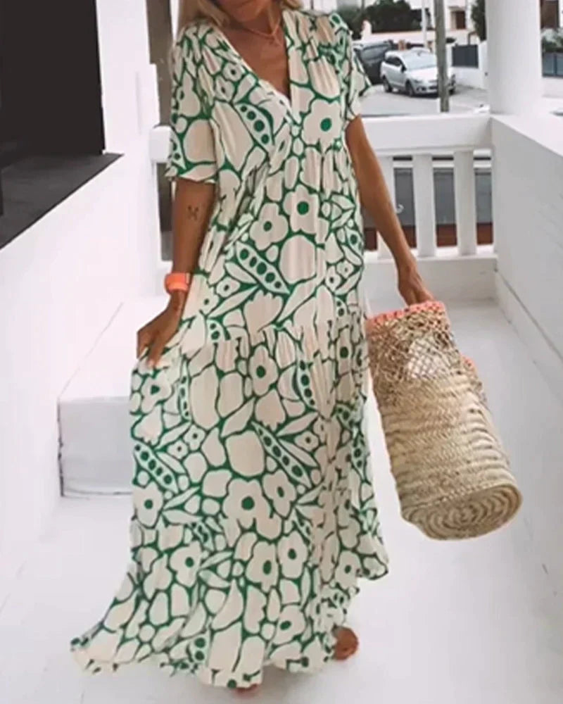 Women's V-Neck Maxi Dress with Short Sleeves and Floral Print