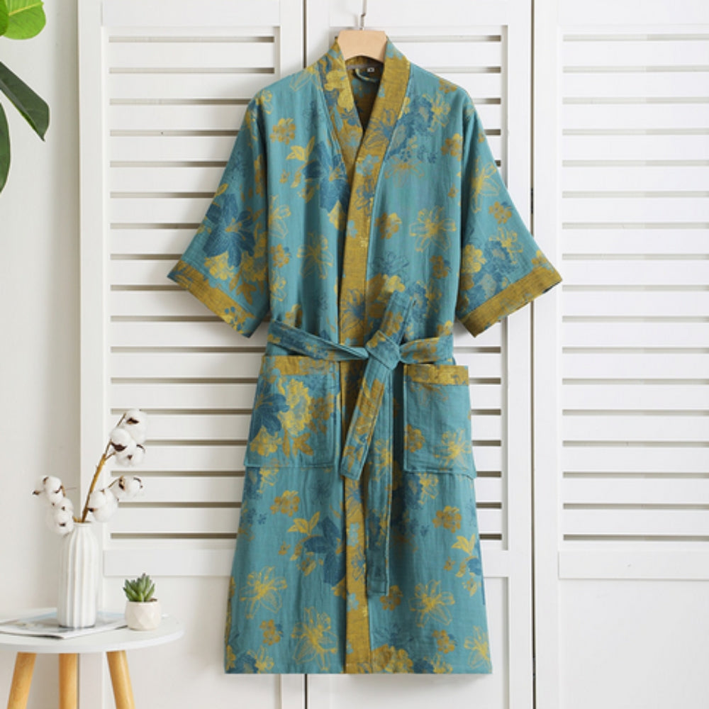 Women's Floral Kimono Style Bath Robe with Belt and Pockets