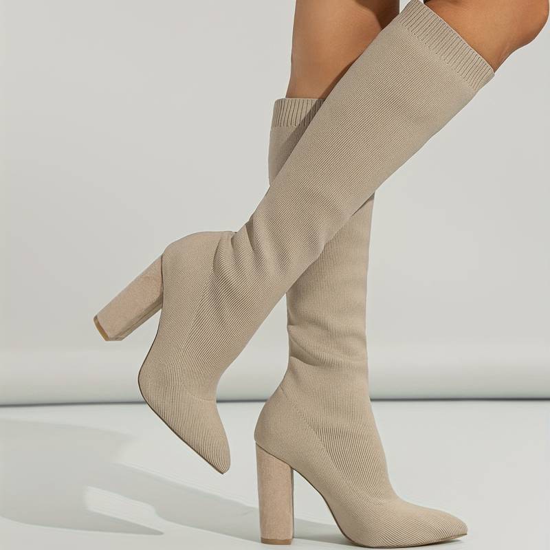 Women's Knee High Sock Boots with Pointed Toe and Block Heel