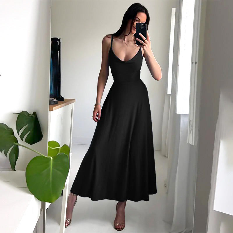 Women's Sleeveless Maxi Dress with Deep V-Neck and Flowing Skirt