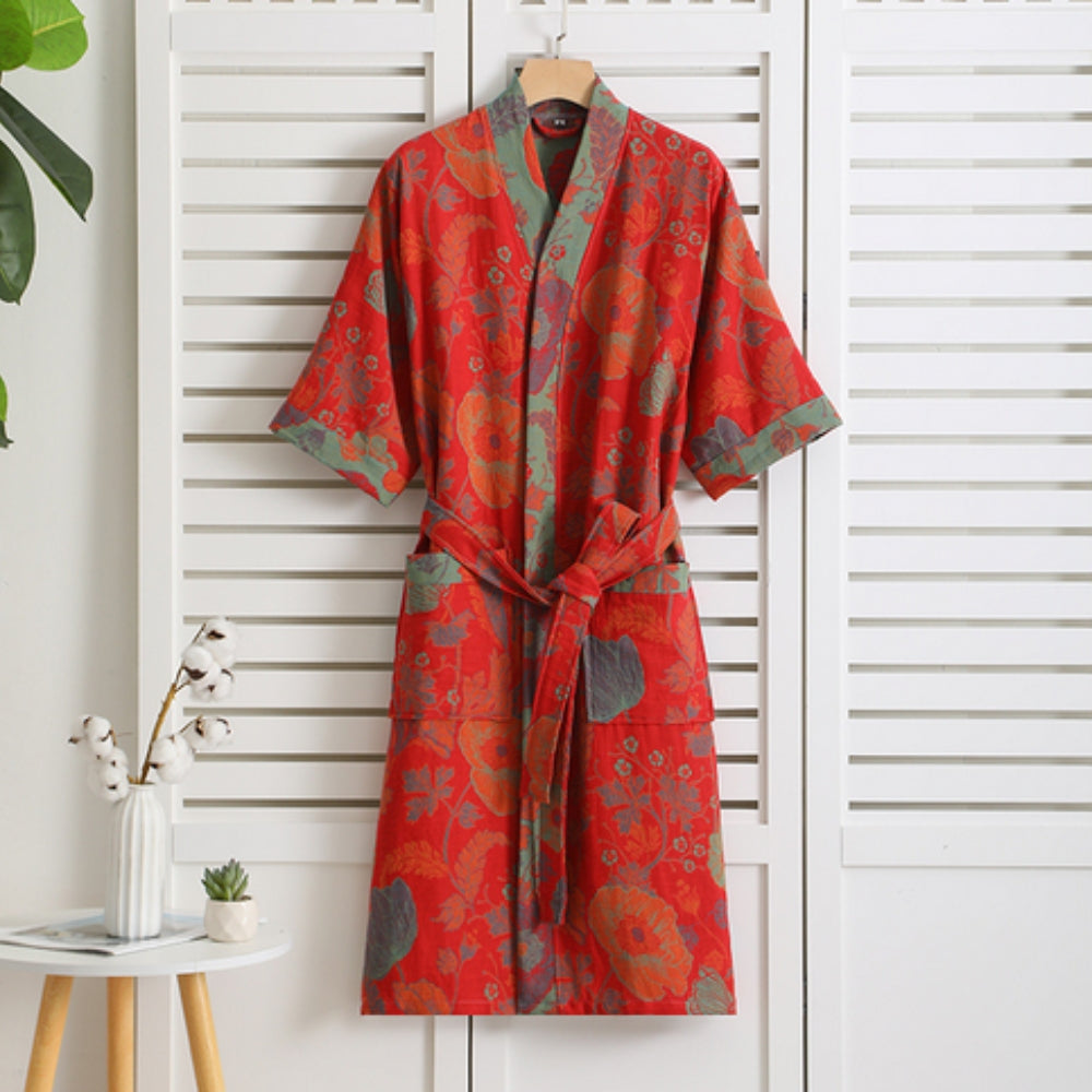 Women's Floral Kimono Style Bath Robe with Belt and Pockets