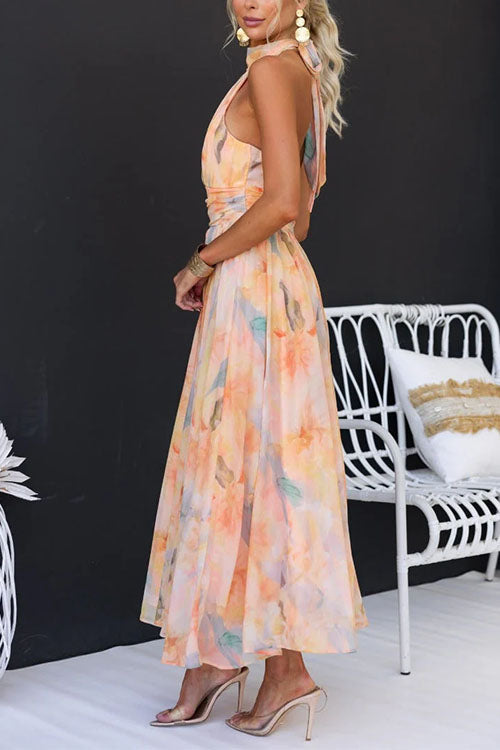 Women's Halter Neck Maxi Dress with Watercolor Print and Waist Detail