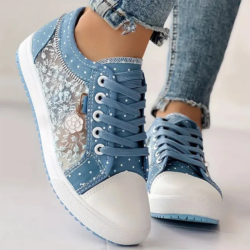 Women's Casual Sneakers with Lace Mesh and Polka Dot Design
