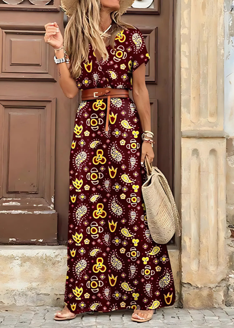 Women's Bohemian Maxi Dress with Short Sleeves and Side Slit