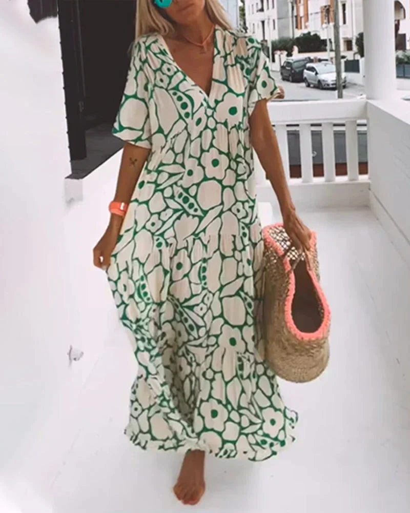 Women's Short-Sleeve V-Neck Maxi Dress with Graphic Floral Print
