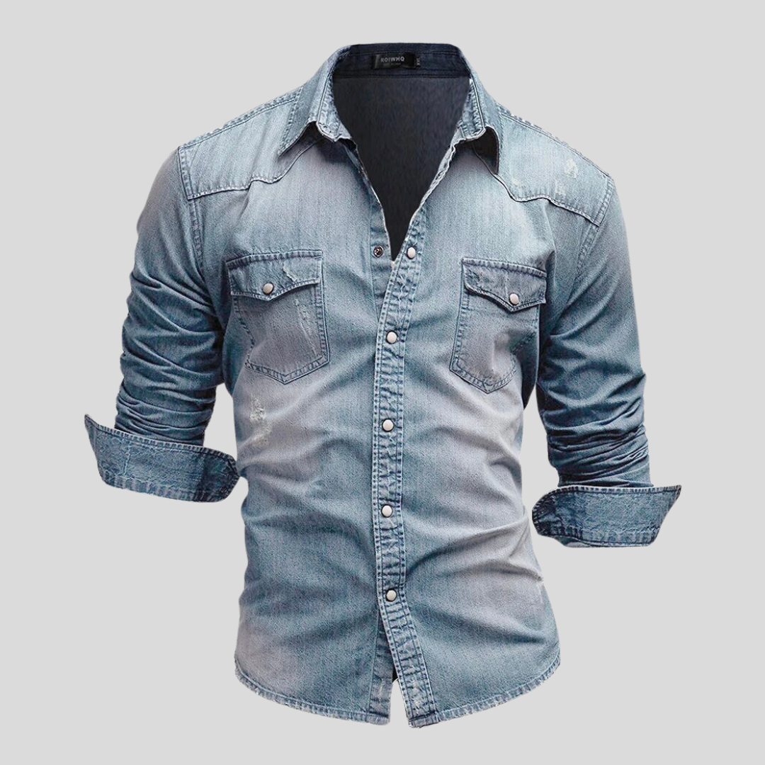 Men's Long-Sleeve Button-Up Shirt with Front Pockets and Rolled Cuffs
