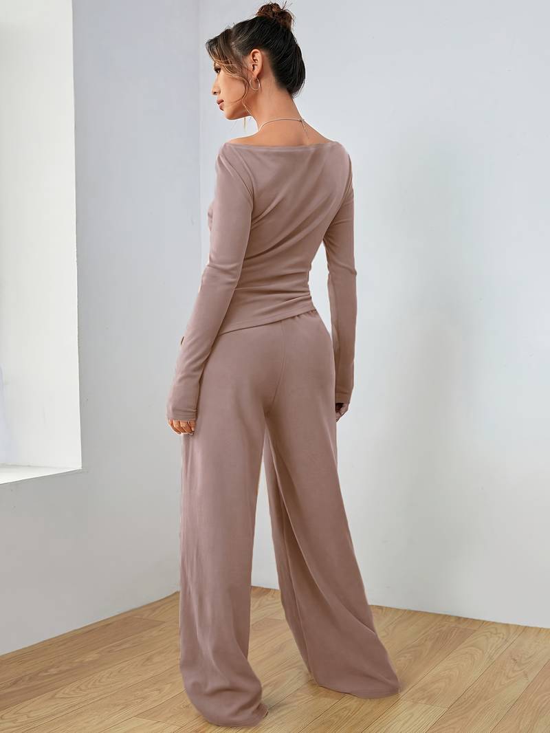 Women's Casual Long Sleeve Shirt and Wide-Leg Pants Set