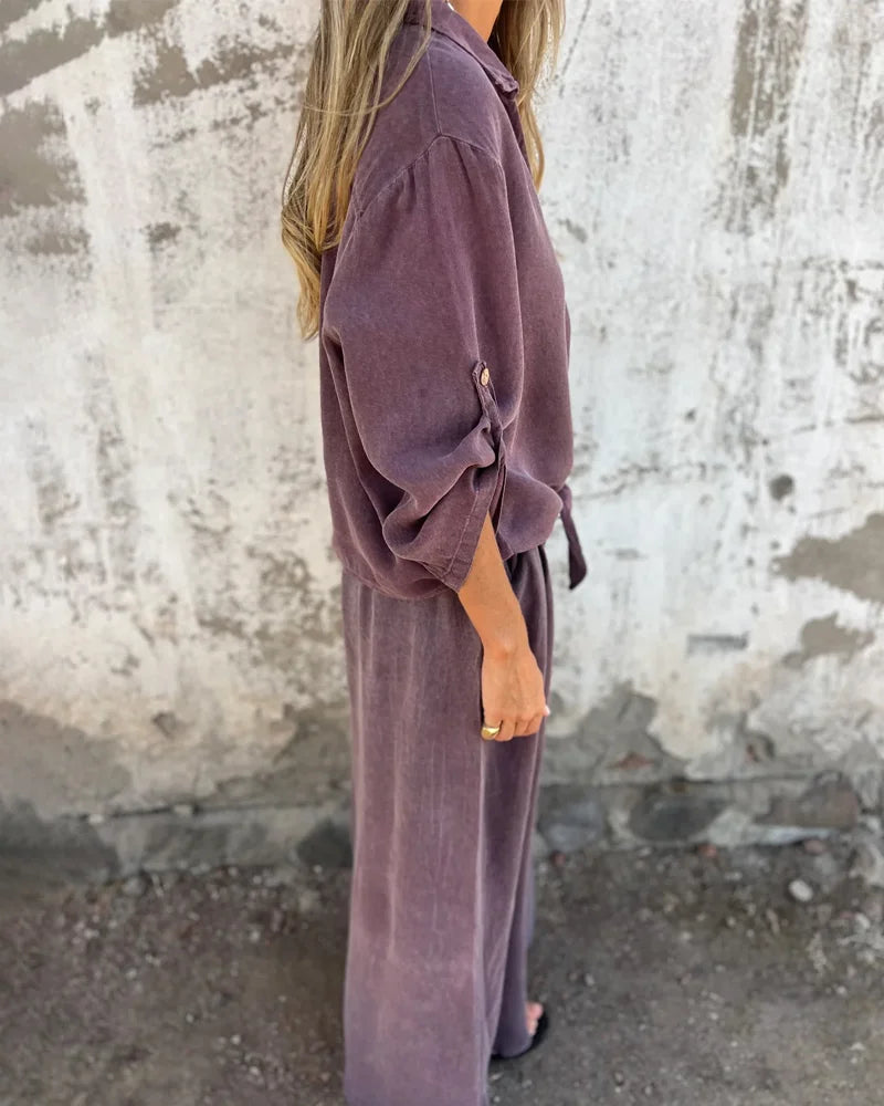 Women's Button-Front Two-Piece Set with Tie Waist and Wide-Leg Pants