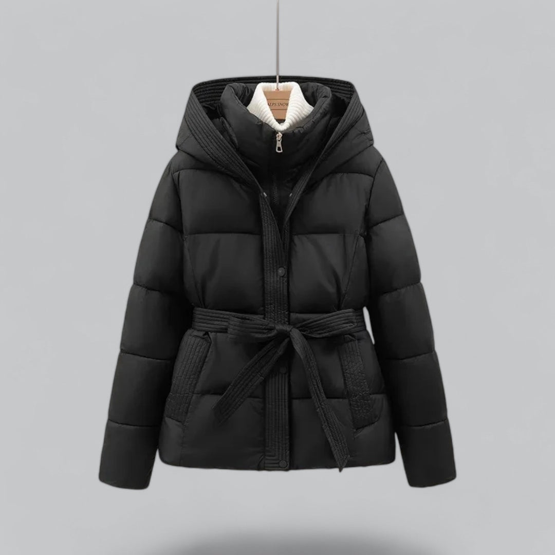 Women's Belted Hooded Puffer Jacket with Quilted Warm Padding