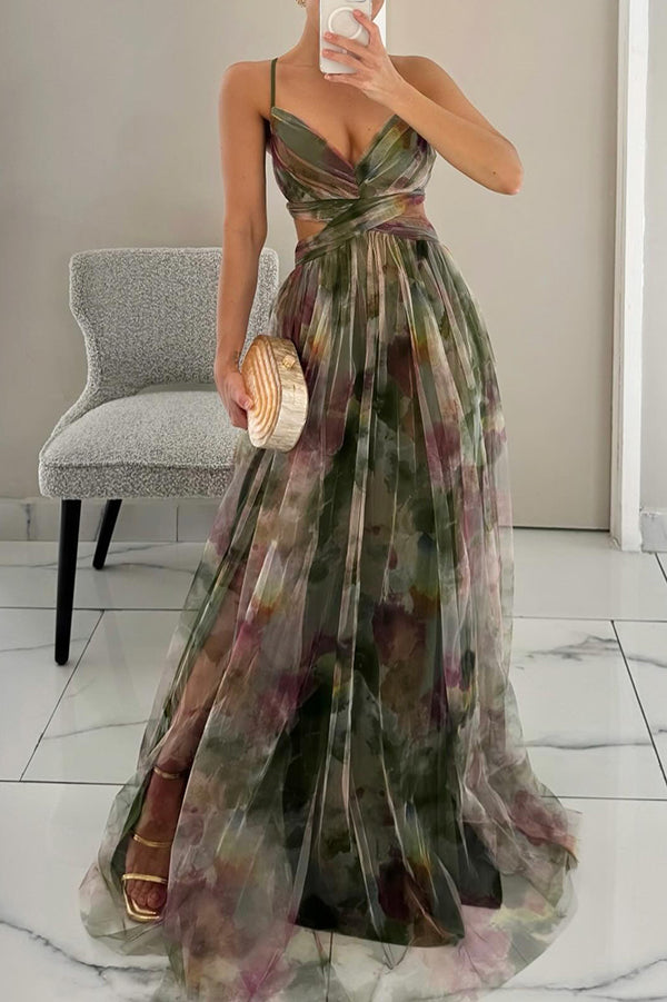 Women's Watercolor Print Crisscross Maxi Dress
