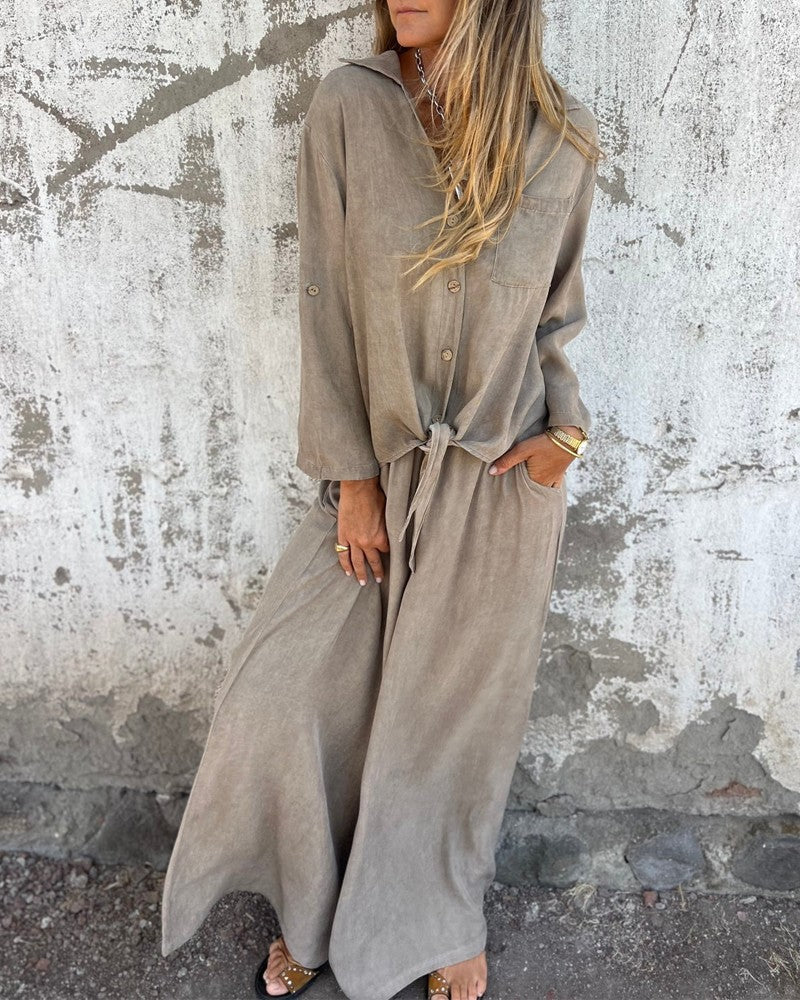 Women's Button-Front Two-Piece Set with Tie Waist and Wide-Leg Pants