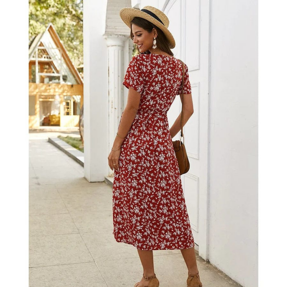 Women's Maxi Dress with Floral Print and Short Sleeves