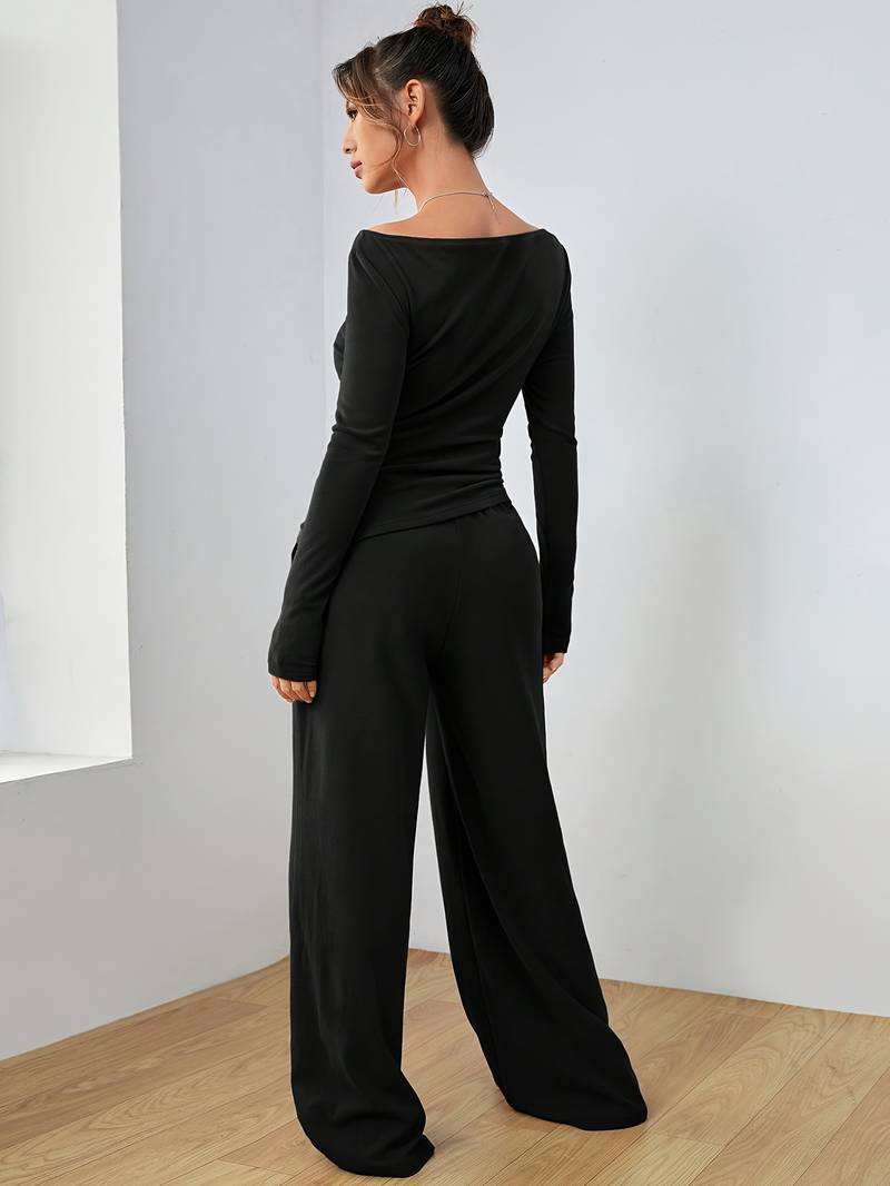 Women's Casual Long Sleeve Shirt and Wide-Leg Pants Set