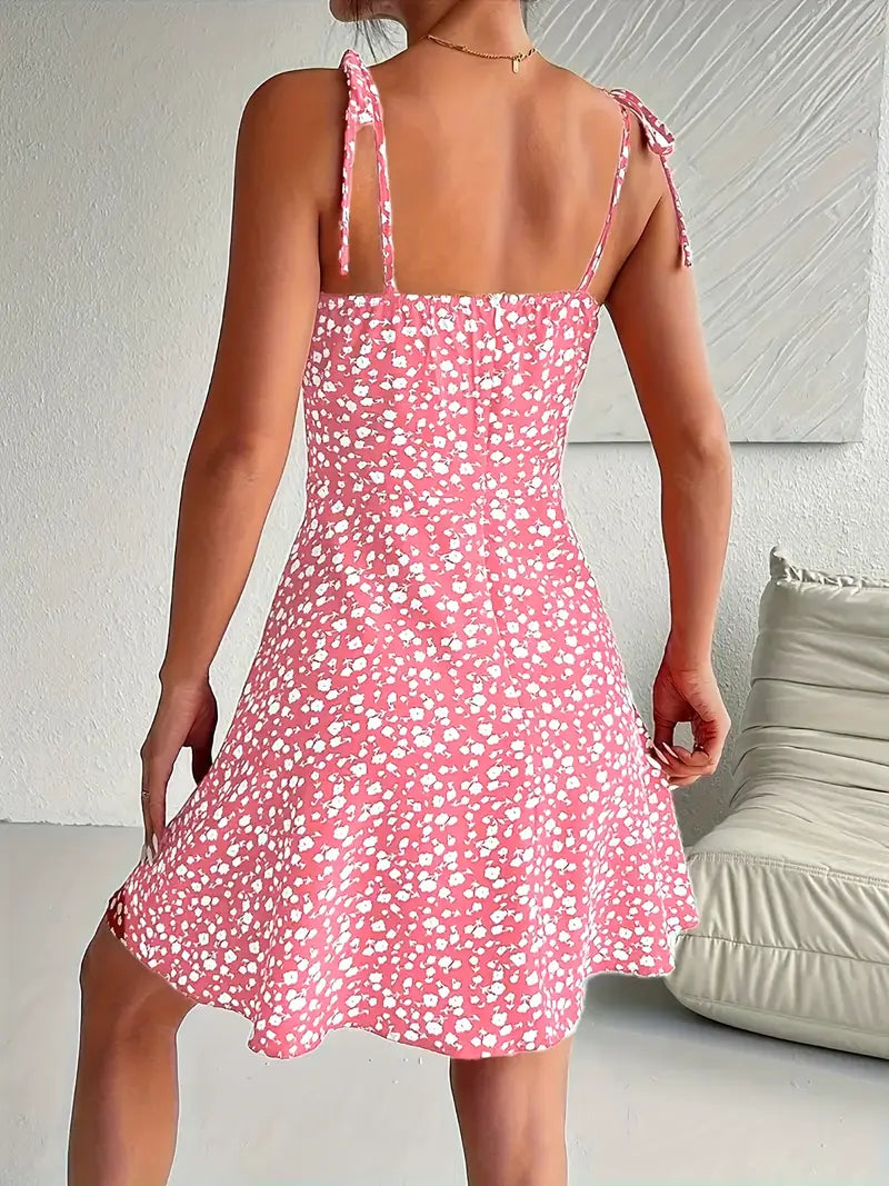 Women's Mini Dress with Floral Print and Tie Straps