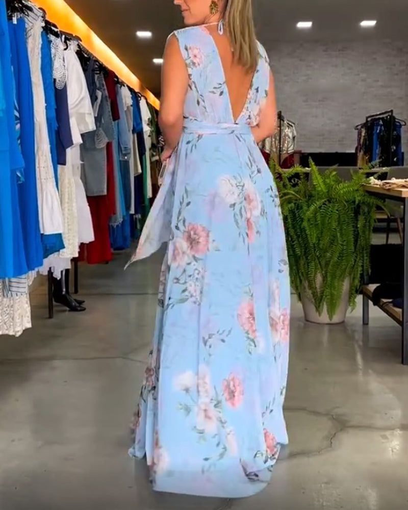 Women's Floral V-Neck Sleeveless Maxi Dress