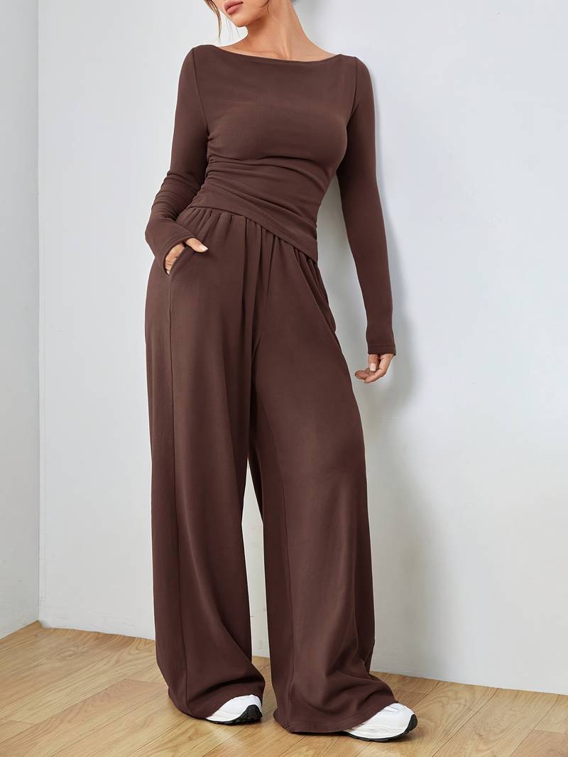 Women's Casual Long Sleeve Shirt and Wide-Leg Pants Set