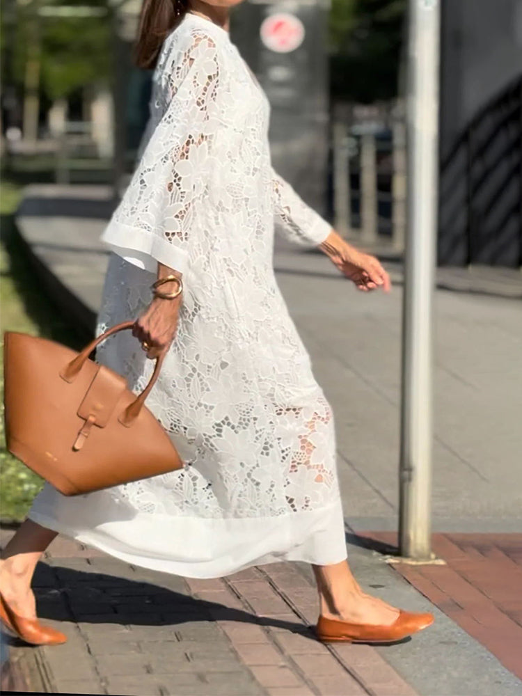 Women's Elegant Lace Maxi Dress with Sheer Floral Overlay