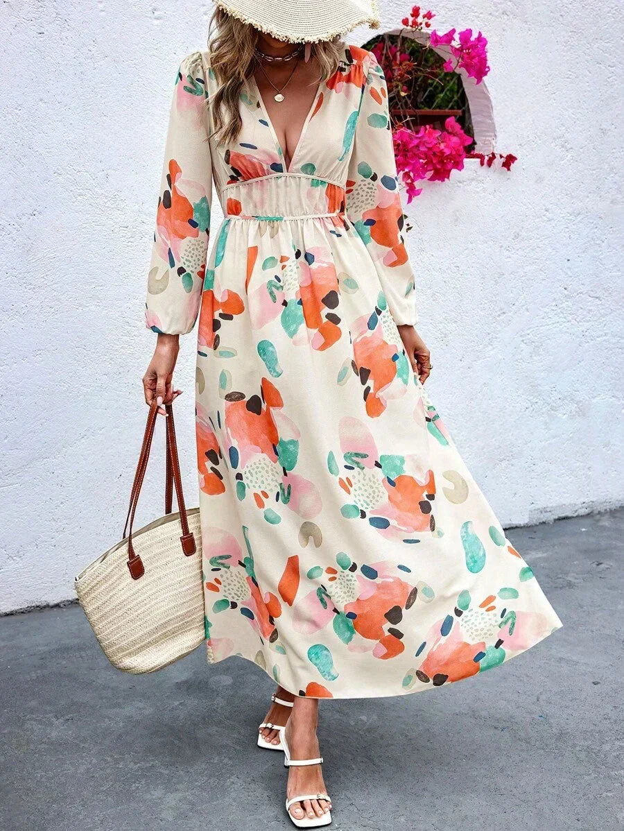 Women's Long Sleeve V-Neck Maxi Dress with Cinched Waist and Print