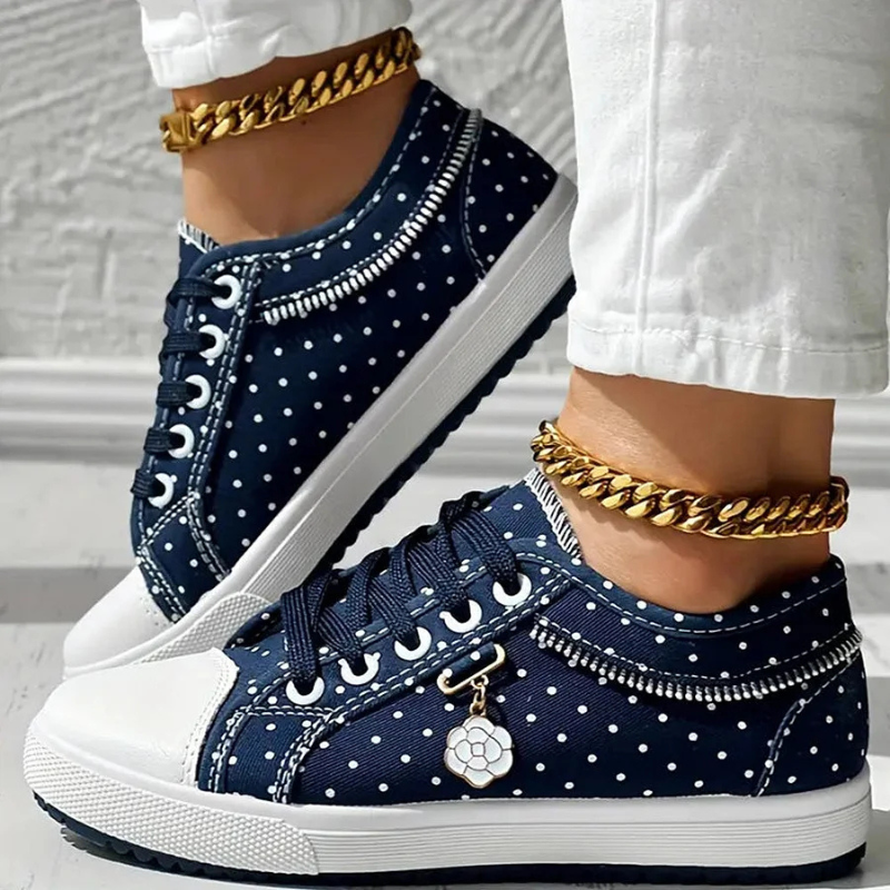 Women's Casual Sneakers with Lace Mesh and Polka Dot Design